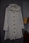 Long White Cardigan Style Coat with Fur Trimmed Hood Size: XL