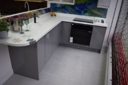 *High Gloss Grey L-Shape Kitchen Display 240x190cm with Corrian Style Worktop. Including Integral