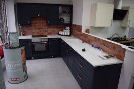 *L-Shape Kitchen Display Unit 310cm x 215cm with Base, and Wall Units, Integral Storage, Brushed