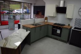 *Sage Green L-Shape Kitchen Display 189x204cm with Butcher Block Style Worktop, and Angled Breakfast