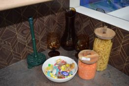 *Assorted Display Items Including Water Jug & Glasses, Storage Jars, Cast Iron Kitchen Roll