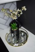 *Assorted Display Items Including Mirrored Gold Tray, Air Plant, Artificial Flowers, and 2x Glass