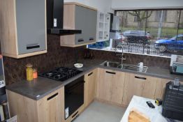 *L-Shape Wood Effect Kitchen Display 243x226cm with Simulated Ironstone Tops. Including Stainless