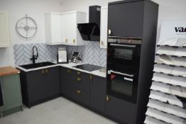 *Grey L-Shape Display Kitchen 265x145cm with White Wall Units, Grey Base Units, Simulated Marble
