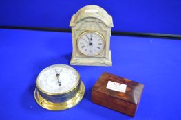 Aynsley Portland Ware Clock, Brass Cased Barometer, and a Trinket Box