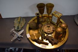 Brass Tray of Metalware Including a Model Sea Plane etc.
