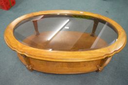 Large Oval Wooden Coffee Table with Smoked Glass Top