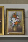 Gilt Framed Oil on Canvas Painting of Floral Bouquets in Vase, Signed M Hopkins