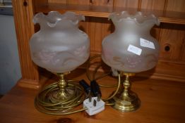 2x Vintage Brass Electric Hurricane Style Table Lamps with Floral Glass Shades