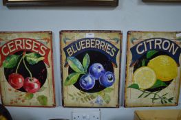 3x Reproduction Metal Fruit Signs