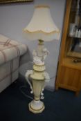 White, Cream, and Gold Cherub Lamp Stand with Shade, and Matching Side Table