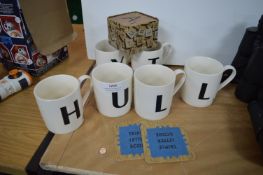 Scrabble Mugs Spelling Hull etc. plus a Set of Scrabble Coasters