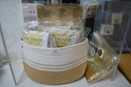 Basket of Party Decorations Including Foil Fringe Curtains