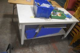 White Worktable with Undershelf on Wheels, and Contents