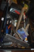 Box of Assorted Tools Including Wrenches Hammers, Saws, etc.