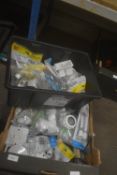 Box of Assorted Plumbing Fittings and Electrical Sockets, Switches, etc.