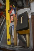 Box of Assorted Saws, Spirit Level, etc.