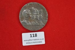German First World War commemorative medal, large circular white metal issue showing three uniformed
