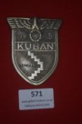 Third Reich Kuban Shield (Kuban-Schild), stamped metal example, dated 1943, marked “KUBAN” with