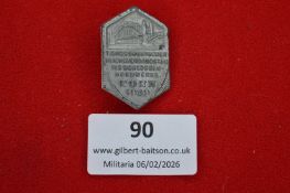 German trade or guild commemorative badge, shield-shaped depicting bridge and city skyline,