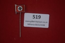 German NSDAP flag stick pin, enamelled red flag with central white roundel and swastika, mounted