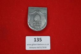 German civic or regional badge, shield-shaped grey metal issue bearing Augsburg city arms with