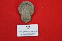 German Catholic Day commemorative badge, pewter-toned shield-shaped example depicting a Gothic