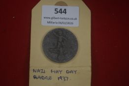 Tag der Arbeit (May Day) 1937 badge, circular alloy example depicting classical male figure with