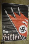 A Third Reich propaganda poster featuring stylised red banners with swastika devices and the