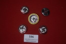 Third Reich group of six political badges, including NSDAP membership-style and regional party