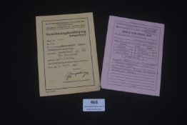 German Third Reich period insurance documentation, comprising a Versicherungsbestätigung issued by