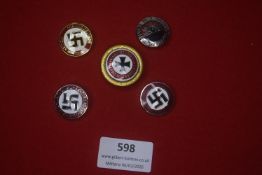 Third Reich group of five political and commemorative badges, including NSDAP and patriotic-themed