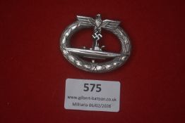 German WWII Kriegsmarine U-Boat War Badge, silvered example with detailed wreath and central