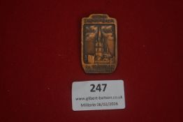 German commemorative badge, rectangular form depicting a church tower, marked “600 Jahrfeier 1329–