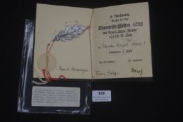 German Third Reich period sports award booklet, issued in connection with the Klubmeisterschaften