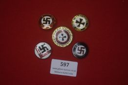 Third Reich group of five political badges, including NSDAP and related organisational designs.