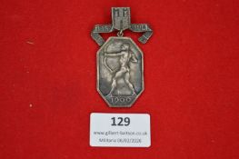 German archery or sporting prize medal, octagonal silvered issue depicting nude archer in