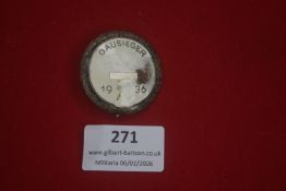 German Gausieger badge dated 1936, circular laurel wreath surrounding white enamelled centre. Rear