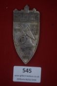 Nürnberg Parteitag 1929 tinnie, shield-shaped alloy badge featuring eagle over helmet and wreath,