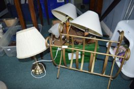 Box of Assorted Lamps and a Metal Magazine Rack