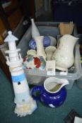 Box of Assorted Ceramics, Jugs, Dishes, Decorative Bowls, Wooden Lighthouse, etc.