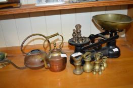 Kitchen Scales with Weights, and 2x Miniature Copper Kettles