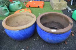 2x Blue Glazed Planters