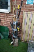 Quantity of Assorted Garden Tools, Spades, Rakes, Sweeping Brush, etc.
