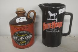 2x Vintage Taunton Autumn Gold Cider Bottle, and a White Horse Fine Old Scotch Whisky Jug
