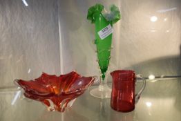 Art Glass Vase, Bowl, and Cranberry Jug