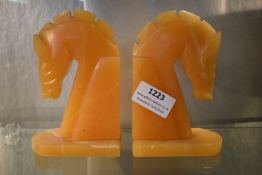 Pair of Vintage Art Deco Style Orange Onyx Horsehead Bookends