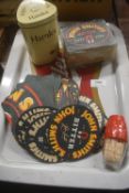 Vintage Miller Metal Bar Trays, Hamlet Cigar Tin Containing Cigars, and John Smiths Bar Mats