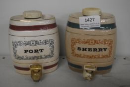 2x Vintage Barrel Spirit Decanters for Port and Sherry Marked Royal Victoria Pottery, Wade, England