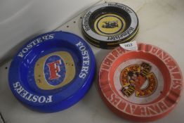 3x Vintage Ashtrays Including Fosters, Tetley, and Hofmeister